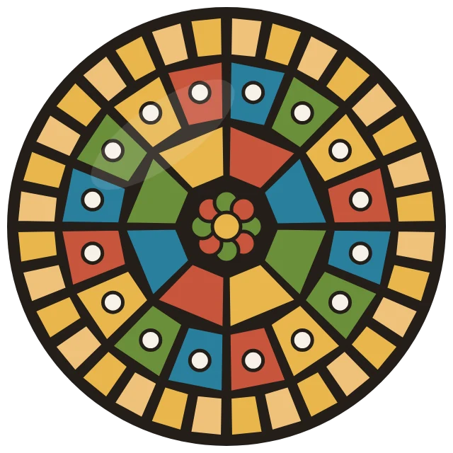 A round mosaic medallion in terracotta, cove blue, olive and ochre tiles